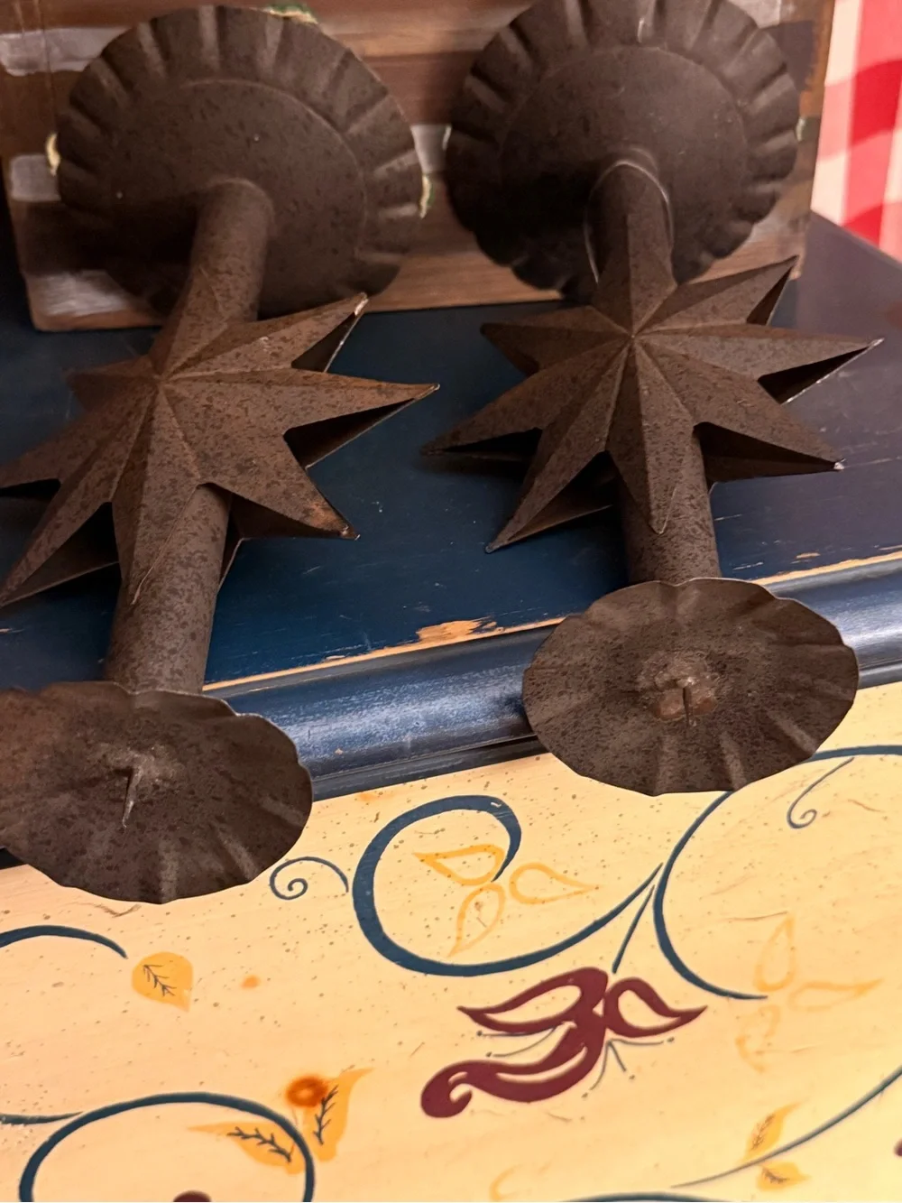 Rustic Vintage Starburst Metal Candle Holders - Pair, Brown